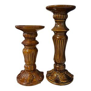 Vintage Brown Ceramic Candlestick Holders Set of 2 Mid Century Hollywood Regency
